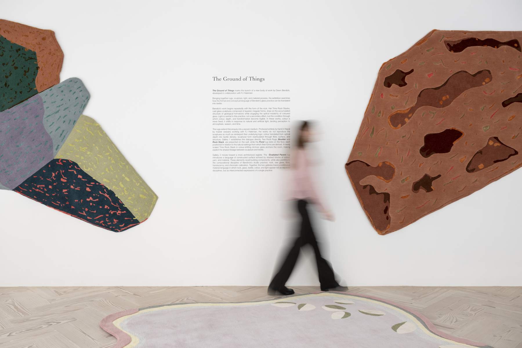 Exhibition The Ground of Things: sculptural rugs on a gallery wall; photo Dawn Bendick